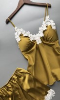 Красивая атласная пижама золотая П-348 фото 2