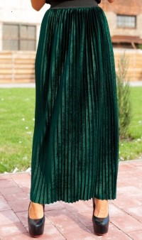 Велюровая юбка плиссе зеленая Л-140