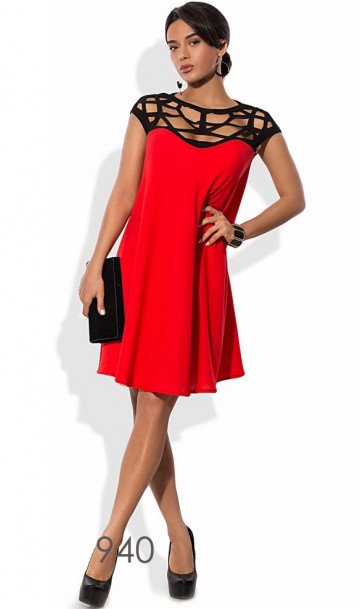 Ажурное платье красно черное с ажурно переплетённым декольте, фото
