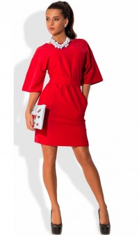 Деловое красное платье с карманами, фото