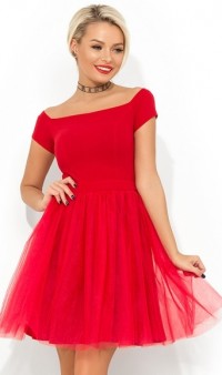 Красное коктейльное платье с фатиновой юбкой Д-443