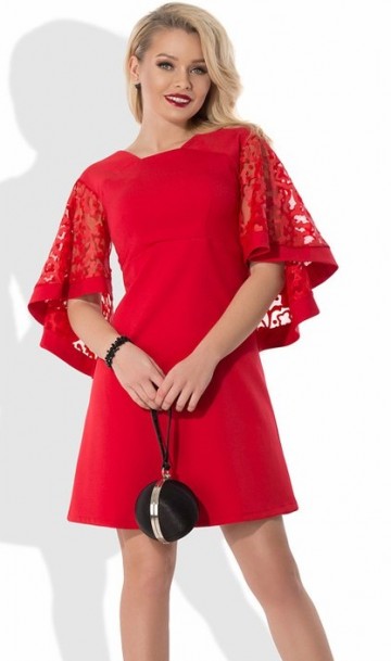 Красное платье с пышными рукавами с вышивкой Д-437