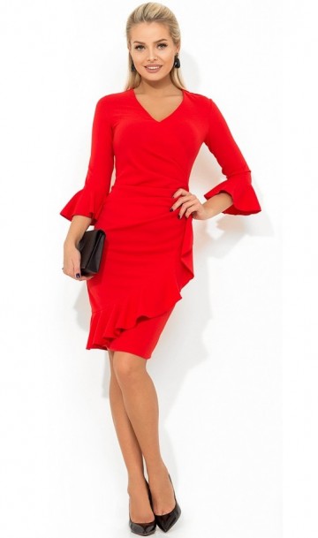 Красное праздничное платье с оборкой Д-513
