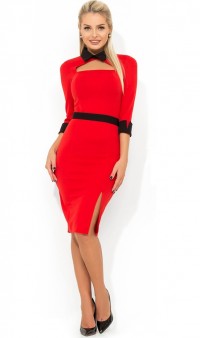 Красное стильное платье карандаш с поясом Д-456