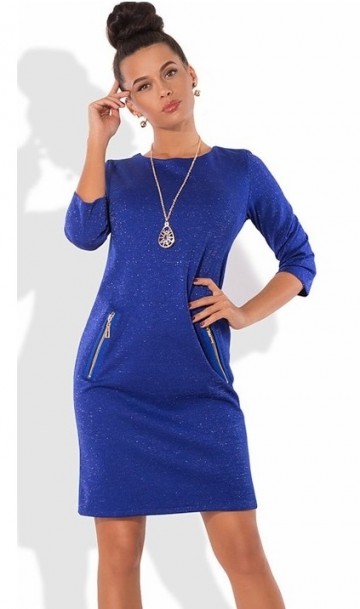 Синее платье-футляр с люрексом и карманами на молниях, фото