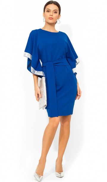 Синее платье с рукавами кимоно расшитыми пайеткой Д-461