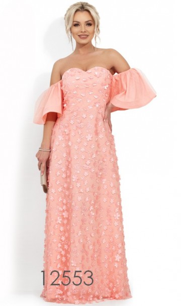 Вечернее персиковое платье в пол с декольте-сердце Д-816