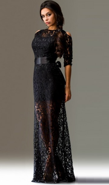 Ажурное черное платье в пол с рукавом три четверти, фото