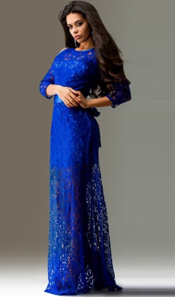 Ажурное синее платье в пол с рукавом три четверти, фото