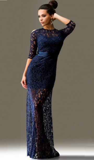 Ажурное темно синее платье в пол с рукавом три четверти, фото