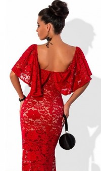 Красное гипюровое платье в пол с открытыми плечами, фото 2