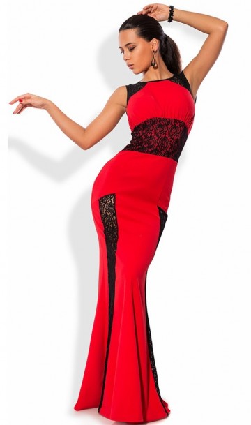 Красное платье в пол со вставками из гипюра, фото