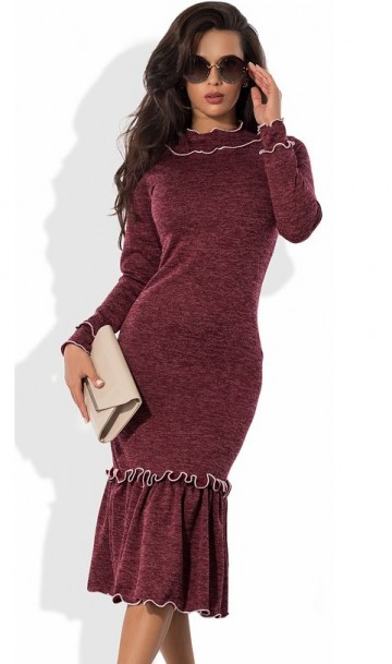 Бордовое платье-футляр миди из ангоры софт Д-938