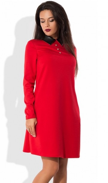 Красное платье из трикотажа с кожаным воротником Д-913