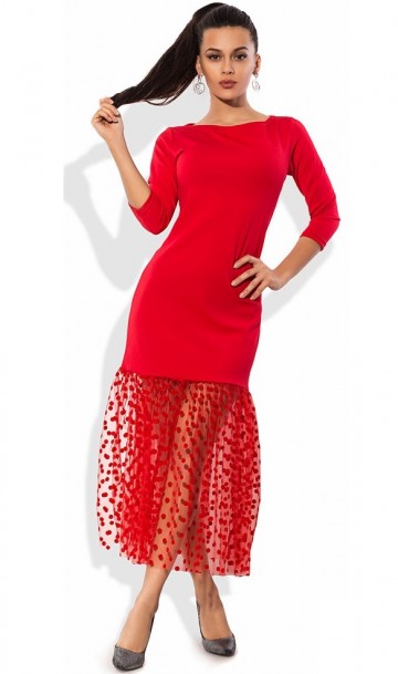 Красное платье с юбкой из сетки-флок в горошек Д-866