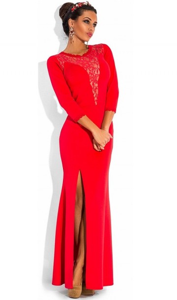 Красное вечернее платье с рукавом три четверти Д-860
