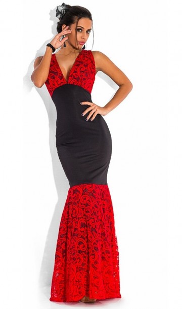 Платье в пол русалка черное с красным Д-857