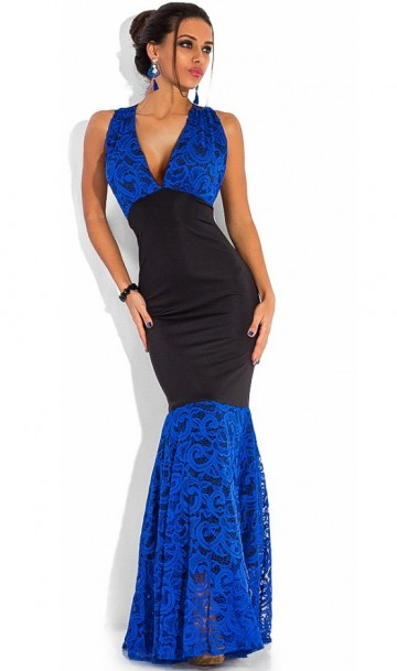 Платье в пол русалка черное с синим Д-858