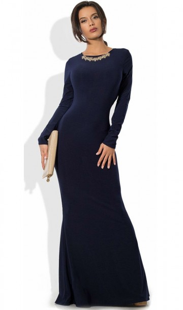Темно-синее платье русалка в пол с украшением Д-996