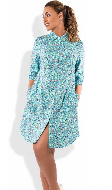 Бирюзовое платье-рубашка мини из льна размеры от XL ПБ-293, фото