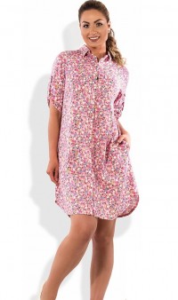 Розовое платье-рубашка мини из льна размеры от XL ПБ-294, фото