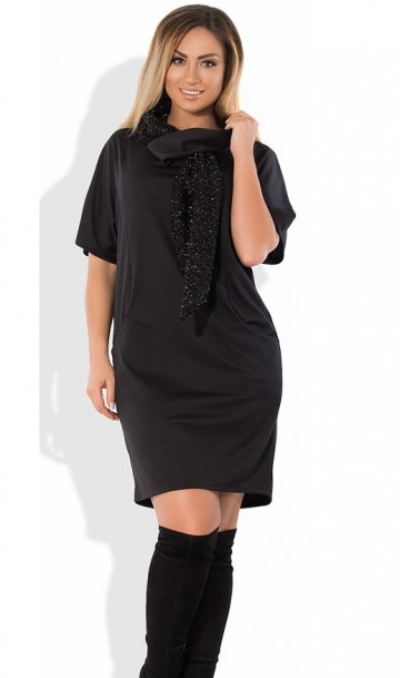 Черное платье с длинными митенками и шарфом обманкой размеры от XL ПБ-530, фото