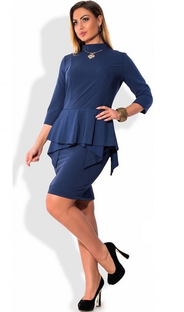 Деловое женское платье темно-синее с баской размеры от XL ПБ-441, фото