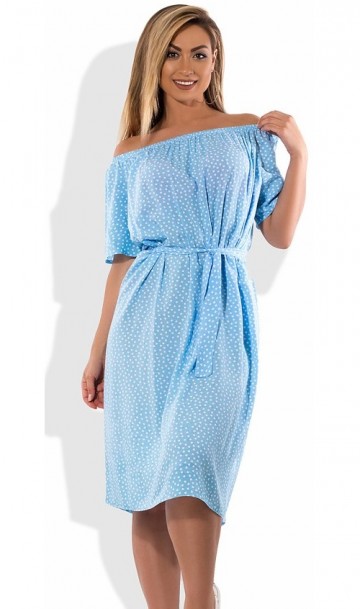 Голубое женское платье миди с открытыми плечами размеры от XL ПБ-559, фото