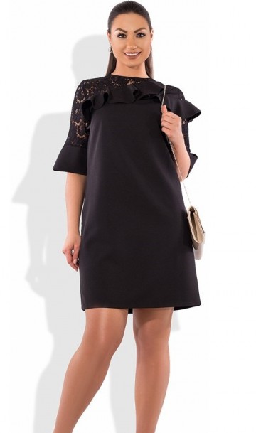 Коктейльное черное платье декорированное оборками размеры от XL ПБ-385, фото