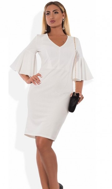Красивое платье футляр белое с воланами на рукавах размеры от XL ПБ-526, фото