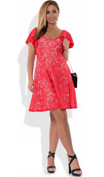Красивое женское платье коралловое из гипюра размеры от XL ПБ-332, фото