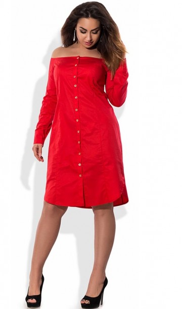Красное платье рубашка с открытыми плечами размеры от XL ПБ-415, фото