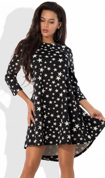 Модное черное платье со звездочками Д-1253