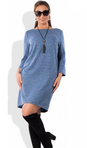 Модное женское платье из вязки с люрексом голубое размеры от XL ПБ-554, фото
