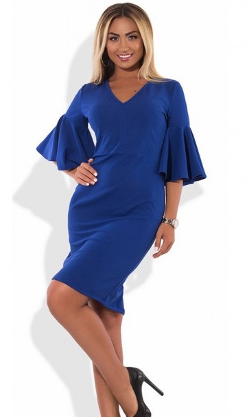 Платье футляр синее с воланами на рукавах размеры от XL ПБ-528, фото