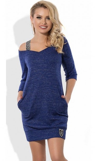 Трикотажное синее платье с люрексом Д-1258