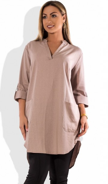 Женское бежевое платье туника из льна размеры от XL ПБ-503, фото