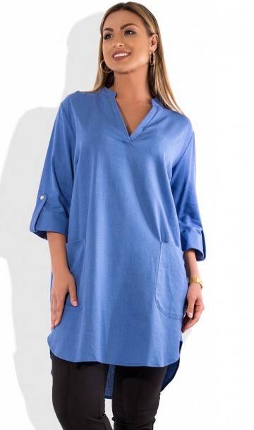 Женское голубое платье туника из льна размеры от XL ПБ-504, фото