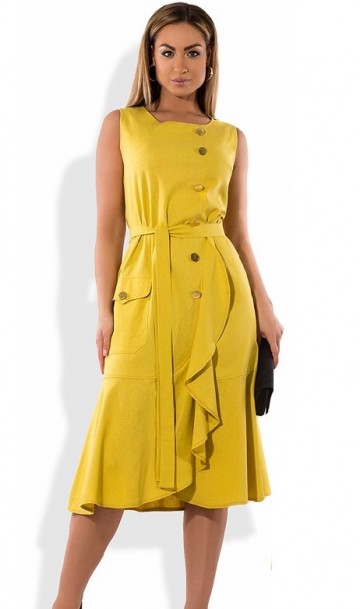 Женское платье из льна горчичного цвета размеры от XL ПБ-443, фото