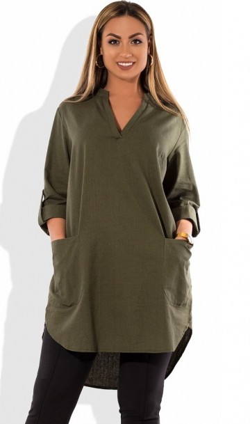 Женское платье туника из льна цвета хаки размеры от XL ПБ-505, фото