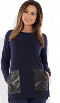 Блуза синяя из ангоры с карманами из эко кожи размеры от XL 3133, фото