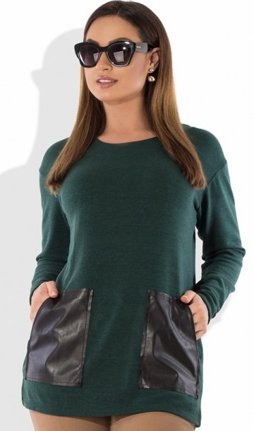 Блуза зеленая из ангоры с карманами из эко кожи размеры от XL 3135, фото