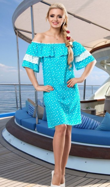 Голубое хлопковое летнее платье с поясом Д-1429