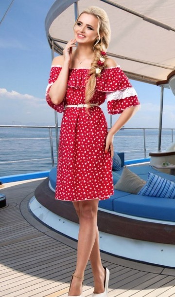 Красное хлопковое летнее платье с поясом Д-1427 фото 3