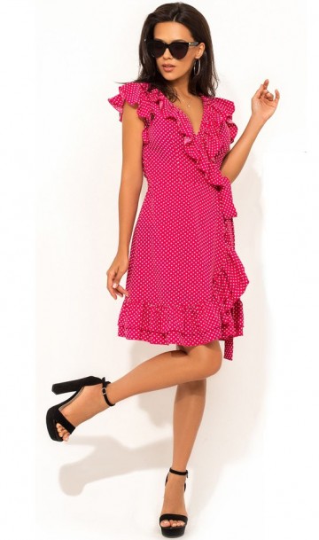 Летнее розовое платье на запах с рюшей Д-1409