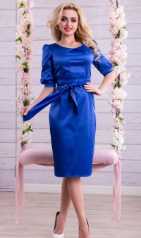 Синее атласное платье с поясом Д-1378