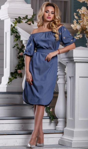 Уникальное синее платье из стрейч коттона Д-1315