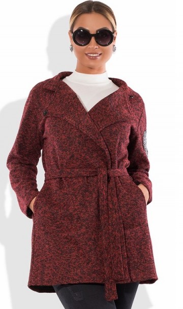 Бордовый кардиган пальто из ткани букле с аппликацией размеры от XL 5069, фото