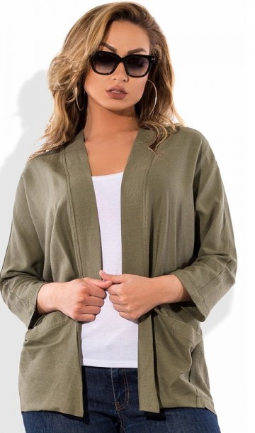 Пиджак накидка цвета хаки из льна с карманами размеры от XL 5007, фото