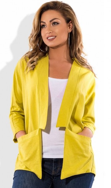 Пиджак накидка желтого цвета из льна с карманами размеры от XL 5006, фото